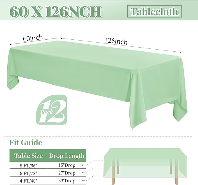 12 Pack 60 x 126 Inch Rectangle Tablecloth Sage Green Polyester Tablecloth for 8 Ft Rectangle Tables, Washable Fabric Table Cloth for Wedding Dining Table Buffet Parties Camping