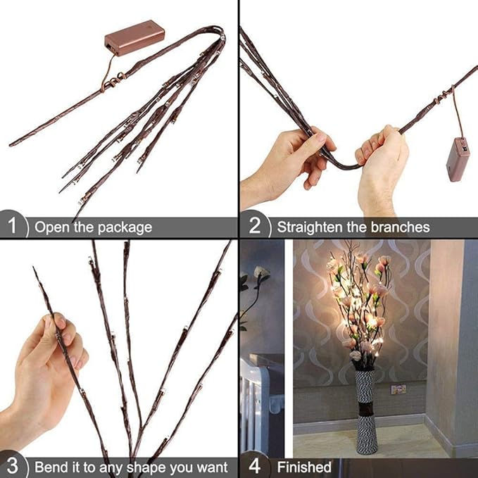 3 Pack Cool White Lighted Twig Branches 60 LED Lights Artificial Tree Willow Branches Lamp for Home Holiday Party Decoration Decor Battery Operated