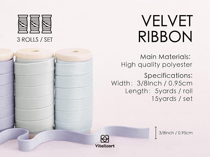 Vitalizart Velvet Ribbon Set 3/8" x 15 Yd Wooden Spool Fabric Trim 3 Rolls * 5 Yd for Christmas Wreath Decoration Handmade Craft Ornaments Gift Wrapping & Bow Making Light Blue Lavender