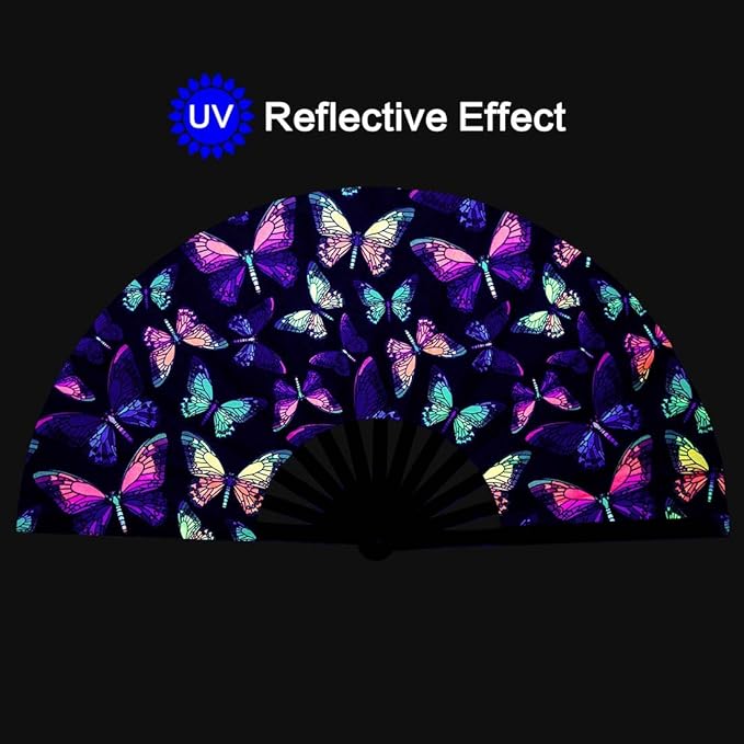 UV Glow Rave Fan, Bamboo Folding Clack Hand Fans Foldable for Men Women, Boots on the Ground Poping Fan for EDM Festival Line Dance Decoration, (Butterfly-1, Large 13")