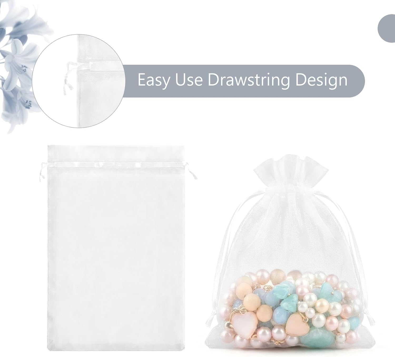 FUNFERY 100 Pcs White Organza Bags 3x4 in, Small Mesh Drawstring Gift Bags for Sachet, Jewelry, Wedding Favor, Candy Goodie Treat Bag,Easter Day