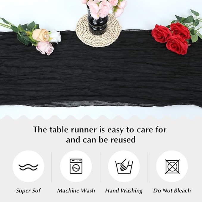 Black Cheesecloth Table Runner -21*120Inch Long Boho Wedding Table Decor, Rustic Gauze Fabric Runner for Bridal Showers, Baby Showers & Parties (Sheer, Lightweight, Wrinkled Design)