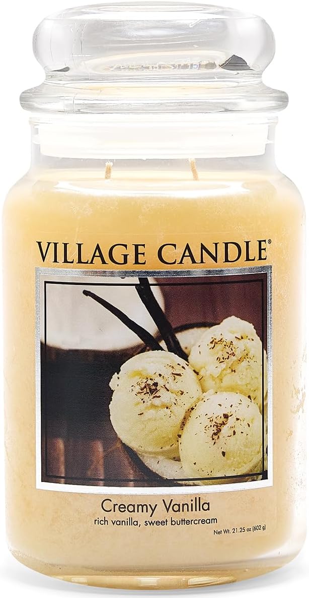 Village Candle Creamy Vanilla Large Glass Apothecary Jar, Scented Candle, 21.25 oz., Ivory