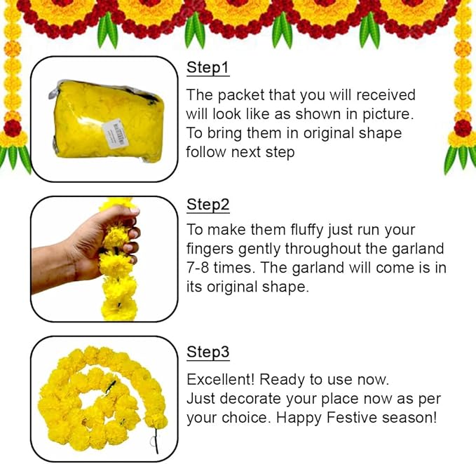 Artificial Marigold Flowers Garland for Diwali Decoration, American Wedding Party, Mantle Decoration, Faux Garlands, Wedding Garland, Spring Bush Floral - 5 String - (Yellow | 4 to 4.5 ft) Hashcart®