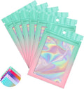Funfery 100 Pack Gradient Holographic Bags,Mylar Resealable Bags with Zipper,Clear Window Packaging Pouchs,Smell Proof Foil Bag for Food Storage,Sample Jewelry Bag(3.5x4.7In,Green Pink)