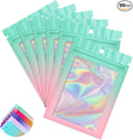 Funfery 100 Pack Gradient Holographic Bags,Mylar Resealable Bags with Zipper,Clear Window Packaging Pouchs,Smell Proof Bag for Food Storage,Sample Jewelry Bag(5.5x7.9In,Green Pink)