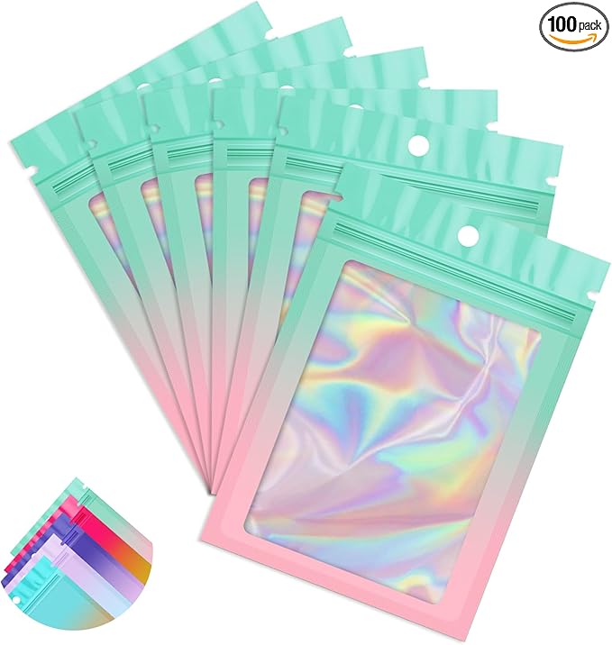 Funfery 100 Pack Gradient Holographic Bags,Mylar Resealable Bags with Zipper,Clear Window Packaging Pouchs,Smell Proof Bag for Food Storage,Sample Jewelry Bag(5.5x7.9In,Green Pink)