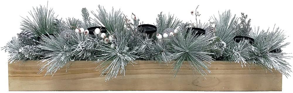 Fraser Hill Farm 42" Glittery Pine Candle Holder Christmas Decoration with White Berries and Ornament Balls, Holds 5 Pillar Candles, Elegant Christmas Table Decorations
