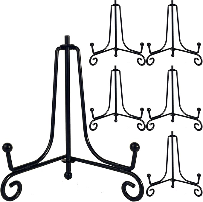 6PCS Premium Black Iron Plate Stands for Display 4 Inch, Decorative Solid Metal Plate Holders for Displaying, Mini Easel, Frame, Book, Card, Plaque, Bowl, Picture Stands for Display