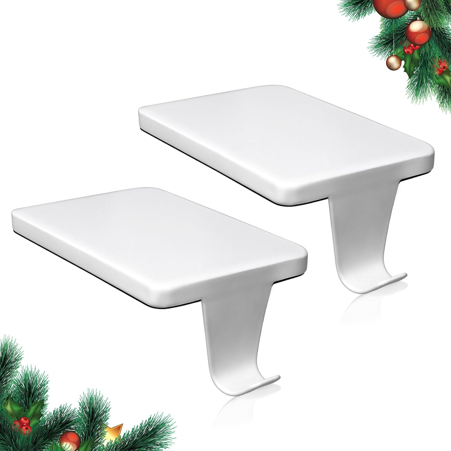 HMASYO Christmas Stocking Holders for Mantle Set of 2, White Heavy Duty Iron Stocking Hangers Base, Low Profile Weighted Stocking Holder Hooks for Fireplace Tabletop Shelf Christmas Decoration