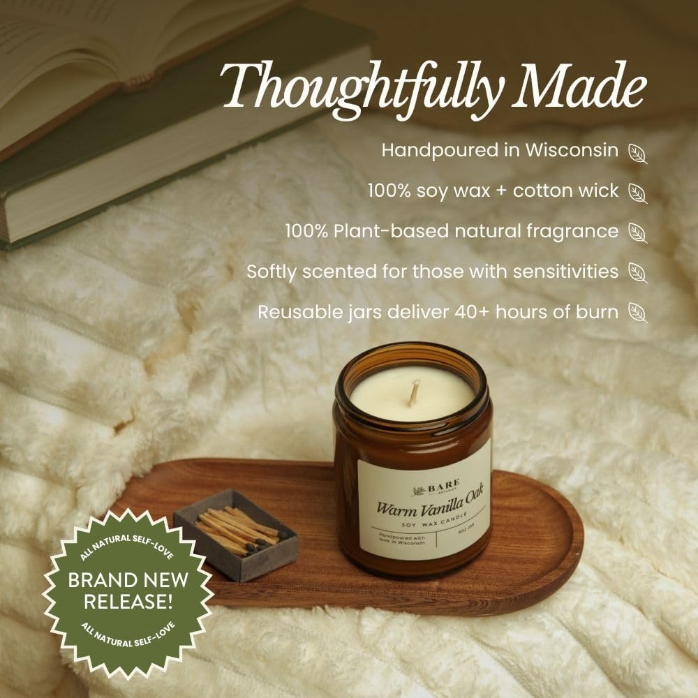 Bare Botanics 9oz Non Toxic Soy Candle Warm Vanilla Oak - 40+ Hour Burn | 100% Plant-Based Fragrance Oils | Handpoured in Wisconsin | Clean-Burning Soy Wax