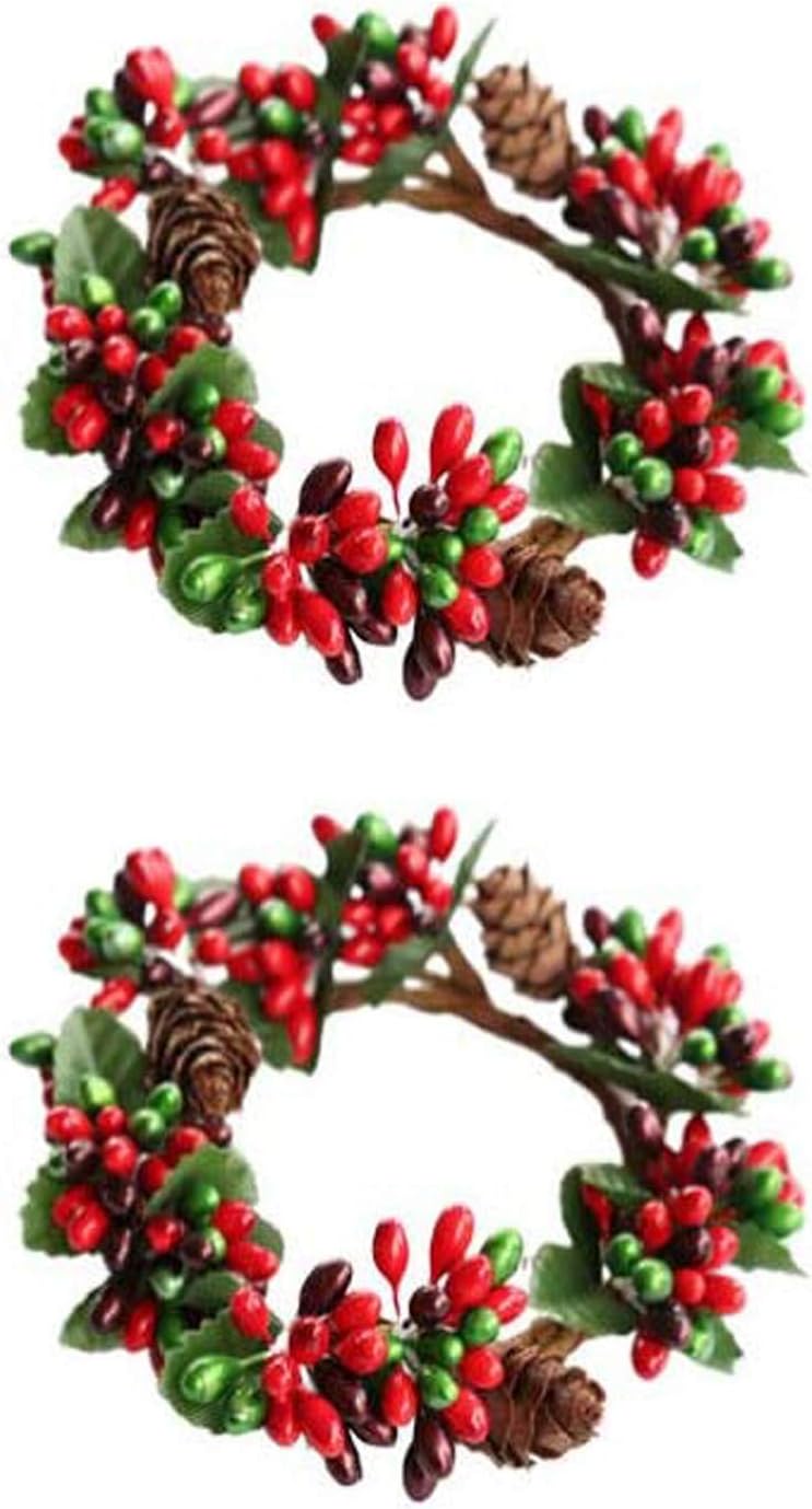BinaryABC Christmas Candle Rings Wreaths,Red Berry Candle Rings,Christmas Candle Holder Rings,Christams Decorations,2Pcs(Internal Diameter About 2.36in)