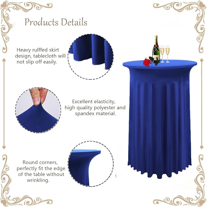 Albassa 4 Pack Cocktail Table Covers 32"x 43" Spandex Stretch Round Cocktail Tablecloths with Wavy Drapes Fitted High Top Bar Table Skirt for Wedding Party Banquet (Royal Blue, 4 PCS)