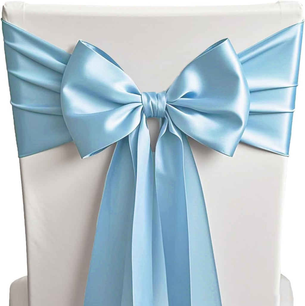 50 Baby Blue Chair Sashes Satin Chair Bows for Wedding Birthday Party Fiesta Decor - 7x108 Inches Ribbons Ties Fitted Banquets Folding Decorations