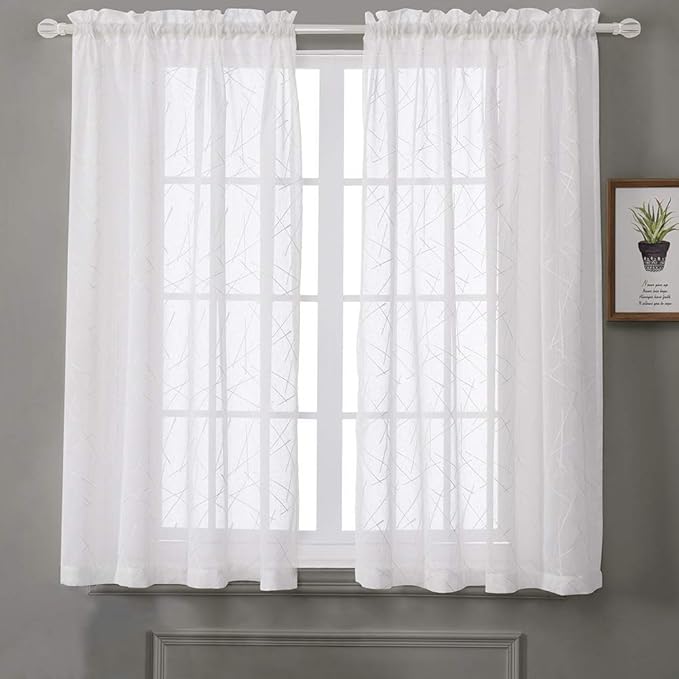 White Sheer Curtains 45 Inch Length, Modern Geometric Embroidery Sheer Rod Pocket Voile Drapes for Living room, Bedroom, Window Treatments Semi Curtain Panels for Villa, Set of 2, 52"x 45".