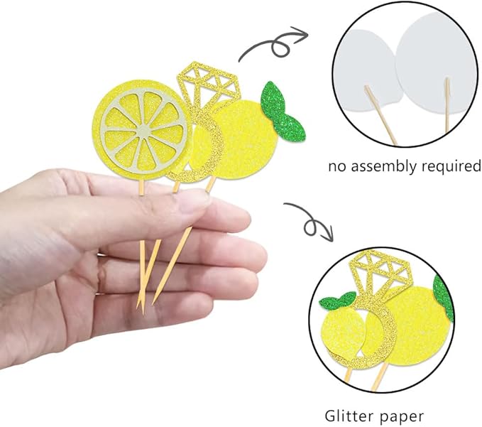 Glitter Lemon Cupcake Toppers Picks for Wedding Engagement Bridal Shower Bachelorette Party Decoration - Set of 24