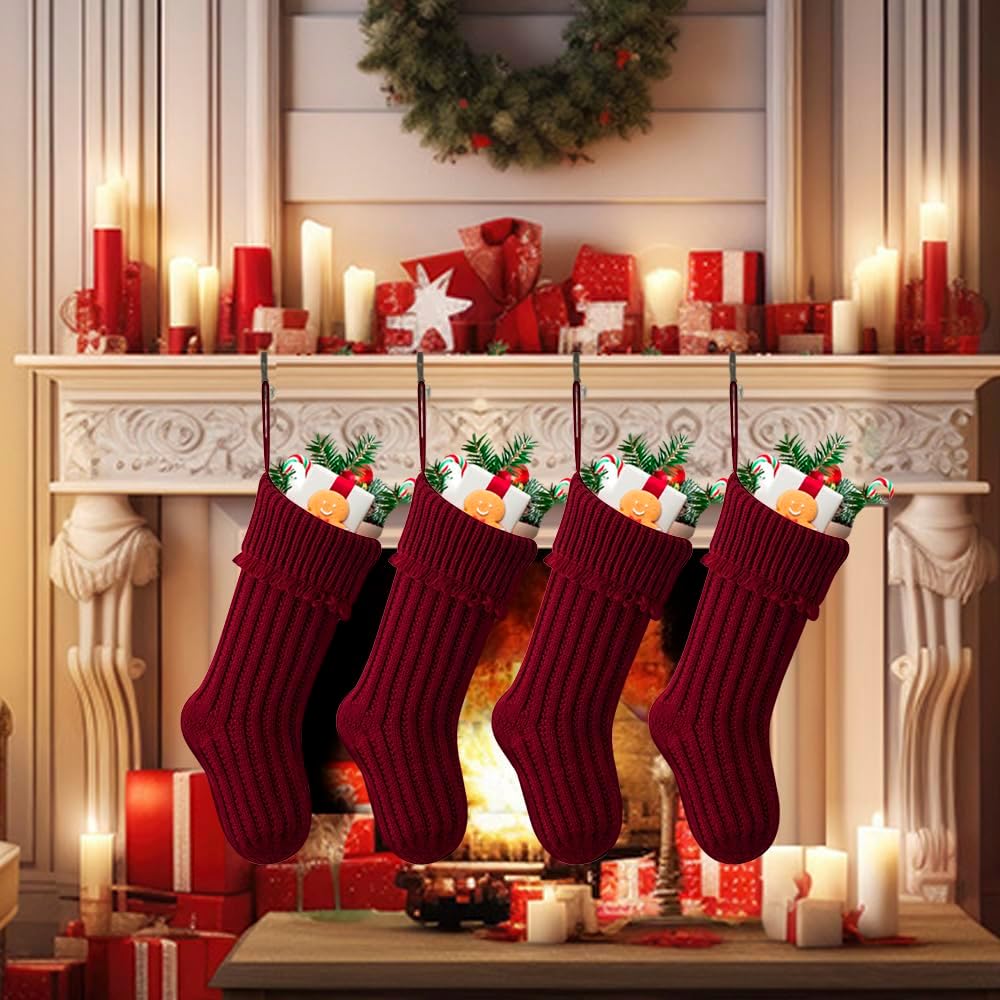4 Pack Knit Christmas Stockings, 18 In Large Cable Knitted Xmas Stocking for Holiday Christmas Party Family Décor, Burgundy