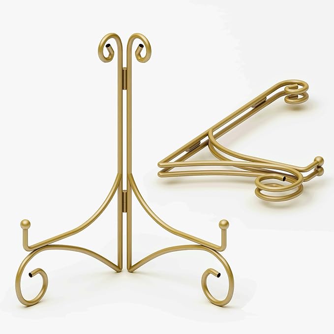 Plate Stand for Display with Hinged Folding Design, 6 Inch Picture Stands for Tables, Small Easels for Displaying Book, Art Piece, Photo and Platter, 6’’ Gold