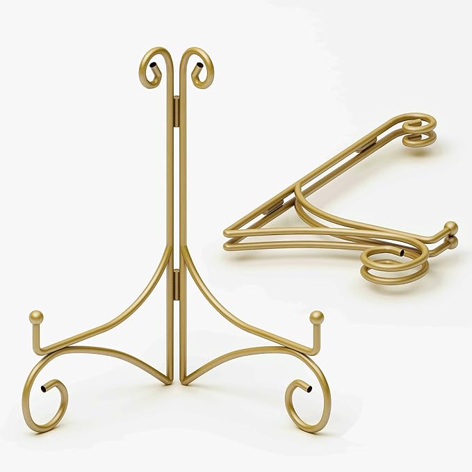 10 Inch Display Plate Stand with Folding Design, Metal Plate Holder for Tables, Picture Easel for Home Decoration, Photo Frame Stand, 10'' Gold