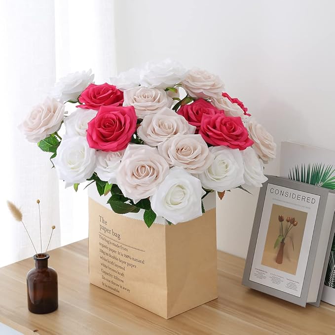 Artificial Rose 10pcs Open Flower Bouquet Faux Rose Stems for Wedding Arrangement, Bridal Bouquet, Centerpiece, Fake Faux Silk Flowers (White)