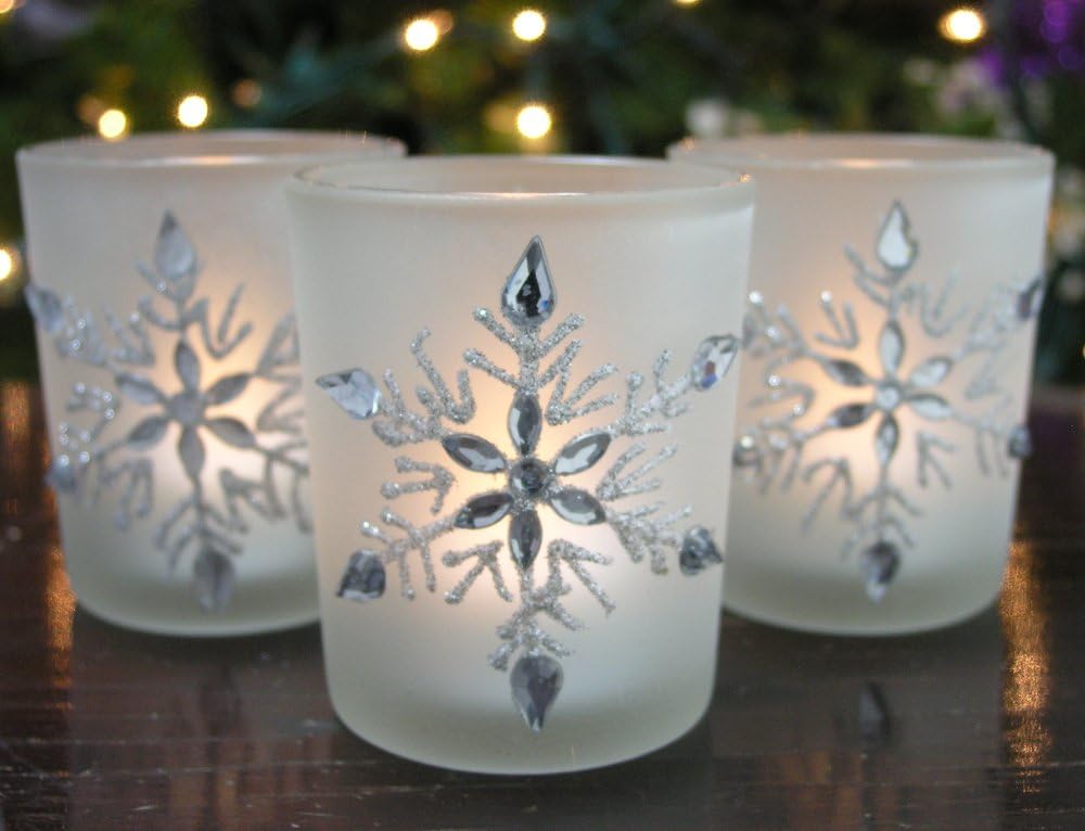 Snowflake Candle Holders with LED Candles, Set of 3 – Lighted Frosted Glass Votive Holders with Glitter Snowflakes and Jewel Accents – Christmas Table, Mantel and Holiday Decor – 2.75 Inch