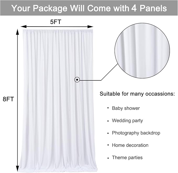 20 ft x 8 ft White Backdrop Curtain Drapes for Wedding Parties, 4 Panels 5 ft x 8 ft Wrinkle Free Polyester Photo Drapes for Birthday Party Baby Shower Backdrop Stand