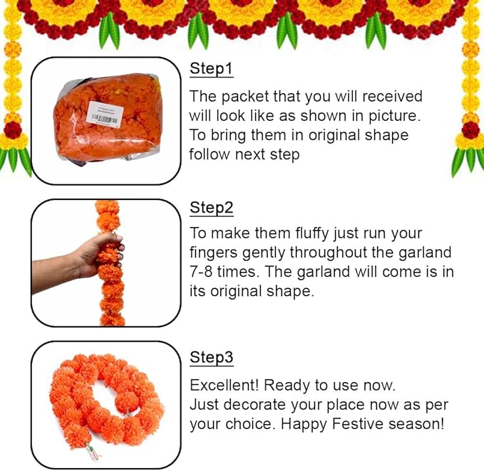 Artificial Marigold Flower Garland for Diwali Decoration, Weddings, Parties Events, Pooja Festival - Traditional Indian Decoration (Orange 5 PC | 4 to 4.5 ft) Hashcart®