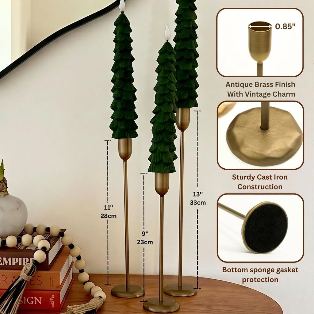 Perfnique Brass Candlestick Holders Set of 3 - Antique Gold Iron Candle Holders for Christmas, Birthday, Wedding, Party, Dining Table, Fireplace Mantel Decor
