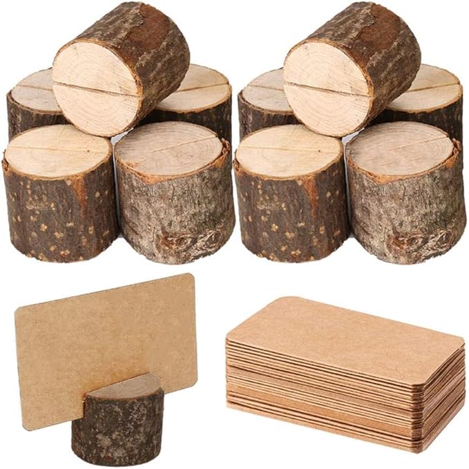 10Pcs Wood Place Card Holder Rustic Wood Table Numbers Holder with 20Pcs Kraft Table Place Cards Party Wedding Table Name Card Holder Memo Note Card