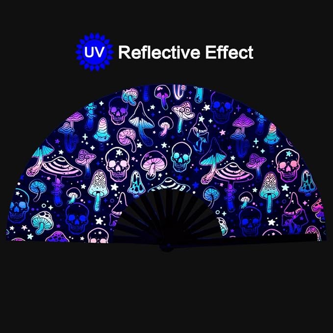 UV Glow Rave Fan, Bamboo Folding Clack Hand Fans Foldable for Men Women, Boots on the Ground Poping Fan for EDM Festival Line Dance Decoration, (Mushrooms and Skulls, Large 13")