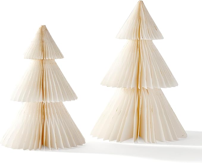 LampLust White Honeycomb Paper Trees, 2 Pack, 10 & 12 Inch, Winter Ornaments, Winter Decorations for Home and Mantel Decor, Winter Wonderland Decorations