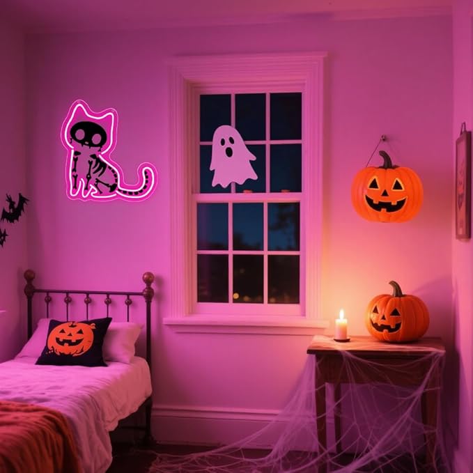 Cat Neon Sign,Pink Dimmable LED Light Signs for Wall Art Decor,Halloween Backdrop for Bedroom Club Party,Animal Gift for Boys Girls Teen USB Powered（11.8"*11.6"）