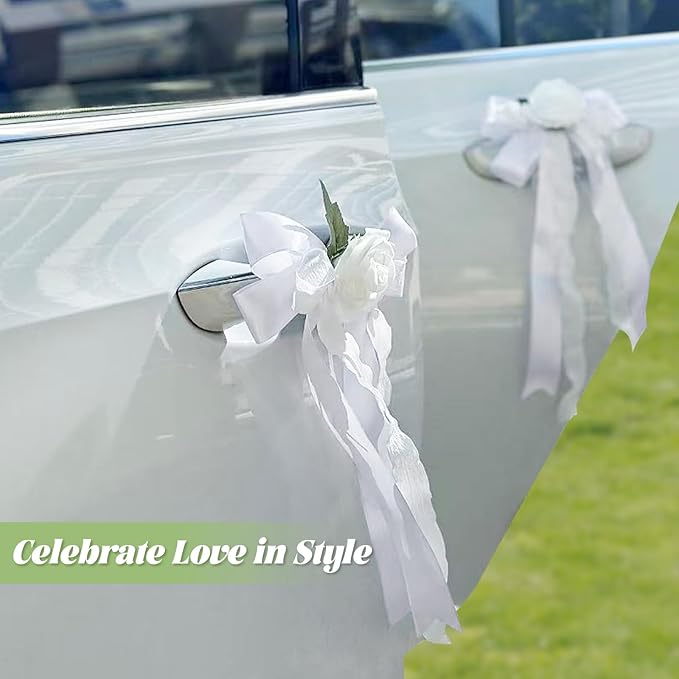 6PCS Wedding Car Door Handle Flowers, White Artificial Cars Rearview Mirror Bouquet Flower Bowknot Ribbon Decors, Just Married Automotive Decoration Accessories for Door Handles and Rearview Mirrors