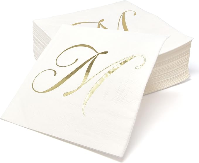 Gift Boutique 100 Gold Monogram Cocktail Napkins Letter M Disposable Paper Pack Elegant Metallic Golden Foil Hand Napkin for Powder Room Wedding Holiday Birthday Party Baby Shower Decorative Towels