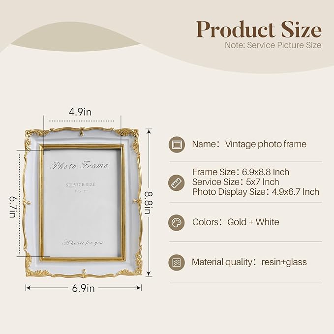 Cuspin Vintage Picture Frame 5x7 Gold Frames, Ornate White and Gold Textured Hand-Crafted Resin Frame with Glass Front, 5 by 7 Antique Photo Frames for Tabletop Display