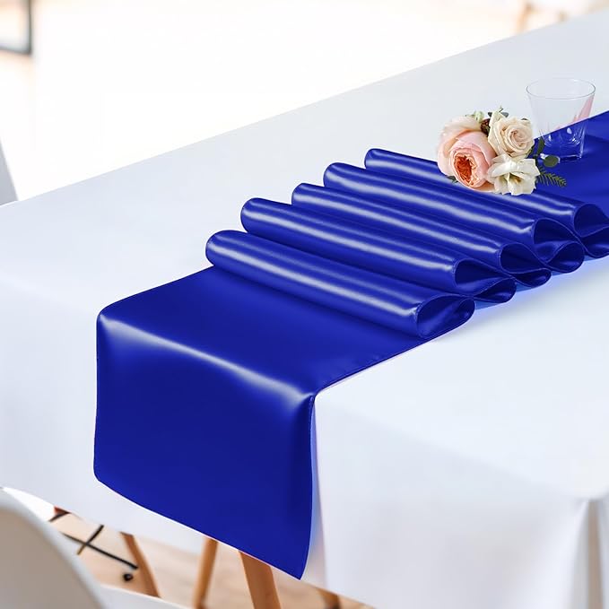 10 Pack Royal Blue Satin Table Runner 12x108 Inches Long, Bright Silky Smooth Satin Table Runner Table Decor for Wedding Banquet Christmas Prom Event Birthday Party