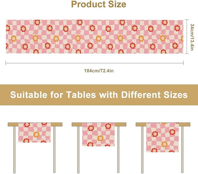 Vintage Floral Table Runner,60s Retro Color Funky Hippie Print Table Cloth Kitchen Dining Table Home Party Decoration 13x108 Inch