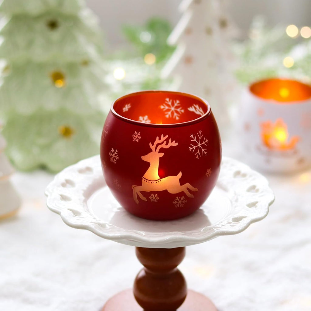 Christmas Candle Holders Set of 4, Frosted Glass Tealight Votive Holders with Snowflake, Reindeer, Christmas Tree Designs, Winter Holiday Table Centerpiece for Indoor Outdoor Decor (Red, Green, White)