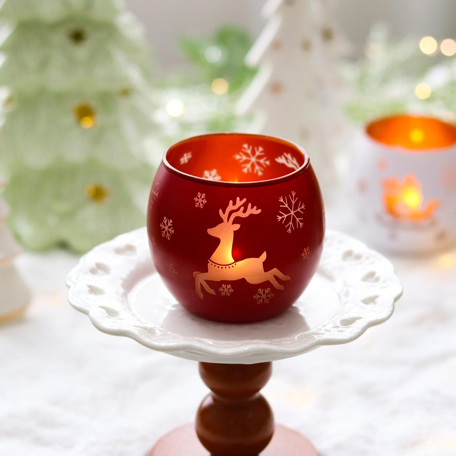 Christmas Candle Holders Set of 4, Frosted Glass Tealight Votive Holders with Snowflake, Reindeer, Christmas Tree Designs, Winter Holiday Table Centerpiece for Indoor Outdoor Decor (Red, Green, White)