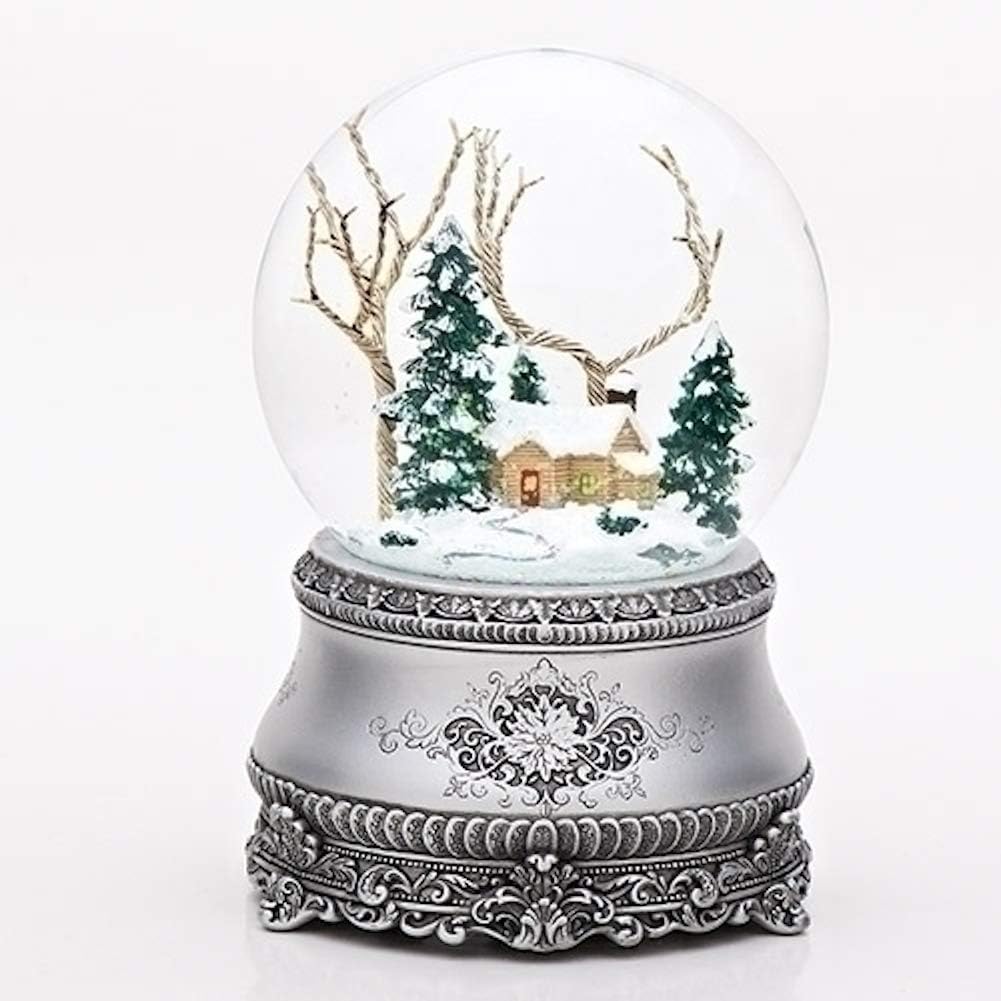 roman 5.5" cottage with tree glitter silver base, main product view