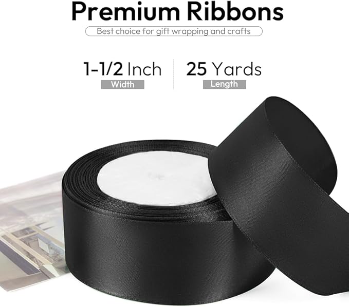 1-1/2 Inch 25 Yards Satin Ribbon Black, Solid Color Fabric Ribbon for Gift Wrapping, Wedding, Polyester Gift Ribbon for Birthday Party Decoration, Craft, Hair, Floral, Sewing