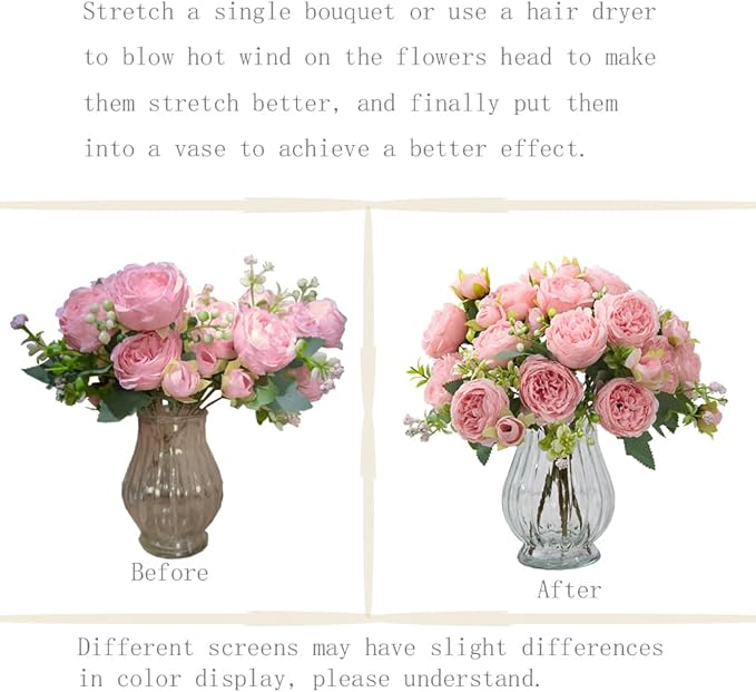 Artificial Peonies Silk Flowers in Glass Vase Faux Flowers Bouquets Modern Penoy Arrangement 4 Pack for Home Decoration Table Centerpiece (Pink)
