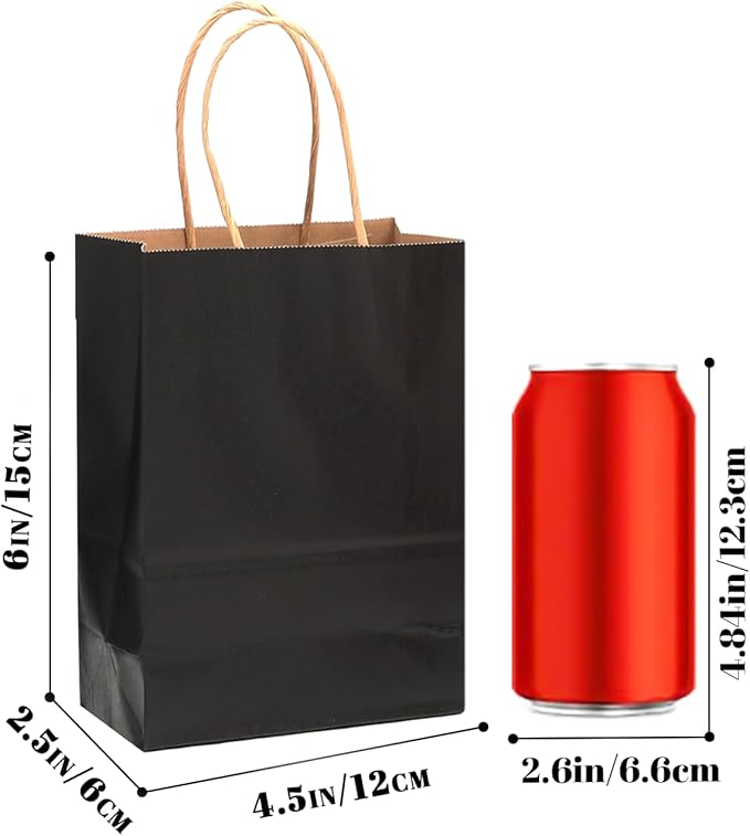 qiqee 50-Packs Black Paper Gift Bags with Handles Bulk 4.5"x2.5"x6" Mini Size Party Favor Bags Multiple Uses