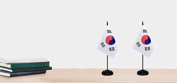 South Korea Korean Deluxe Desk Flag Set Small Mini Miniature South Korea Korean Table Desktop Flags With Solid Pole, Black Base and Spear Top(2 Pack)