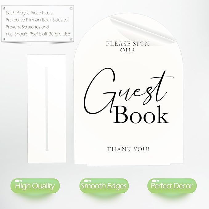 White Arch Acrylic Wedding Sign- 8"x10" Guest Book Sign and Base,1/8" Thick | Modern Calligraphy Arched Acrylic Table Sign for Wedding & Event Party