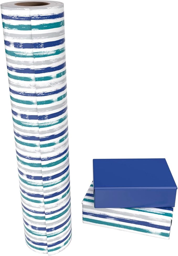 WRAPAHOLIC 30 Inch Reversible Wrapping Paper Roll - 30 Inch X 100 Feet Jumbo Roll Blue Navy and Grey Lines Print for Birthday, Holiday, Wedding, Baby Shower and More Occasions