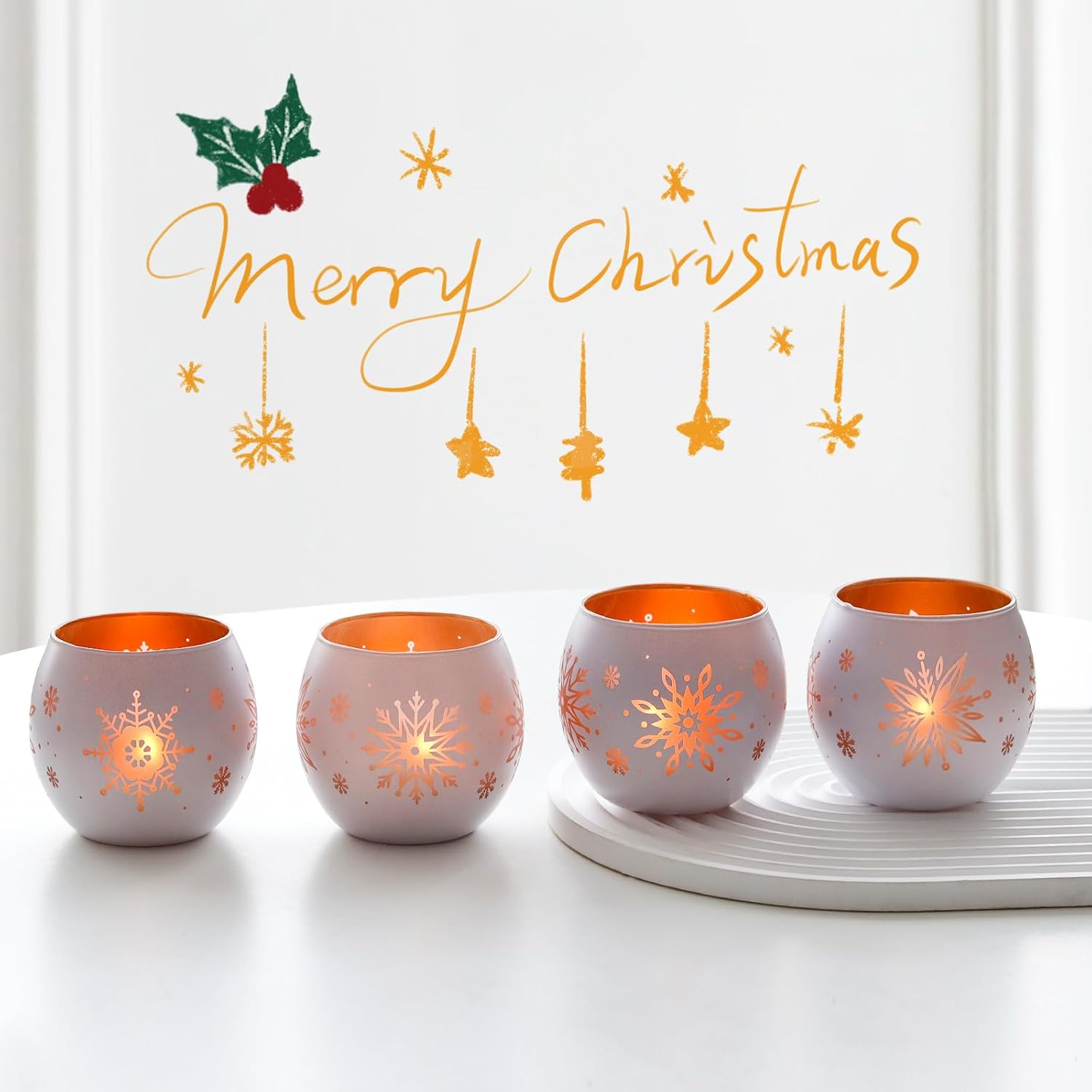 Snowflake Christmas Candle Holders Set of 4, Gold & White Glass Tealight Votive Holders for Winter Decor, Xmas Table Centerpieces, Indoor Christmas Decorations, Ideal