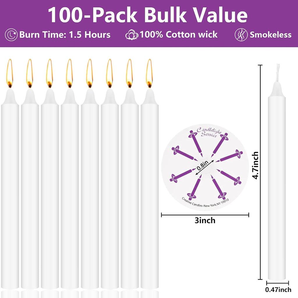 100 Pack 5 Inch White Taper Candles with Drip Protectors, Unscented Bulk Christmas Advent Church Candles for Spell Ritual, Prayer Altar Decor, Wicca Shabbat, Meditation Vigil Candle Holders