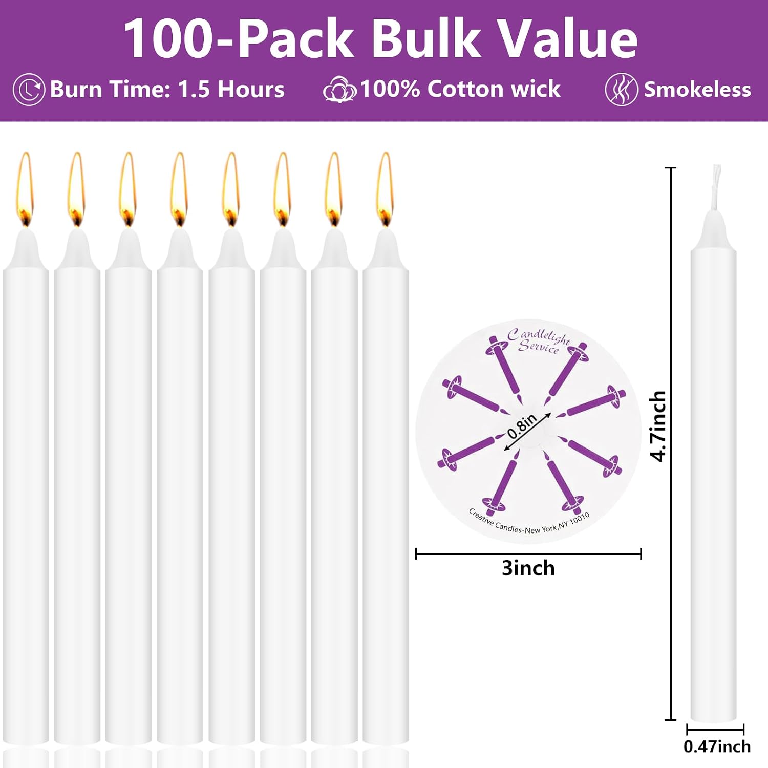 100 Pack 5 Inch White Taper Candles with Drip Protectors, Unscented Bulk Christmas Advent Church Candles for Spell Ritual, Prayer Altar Decor, Wicca Shabbat, Meditation Vigil Candle Holders