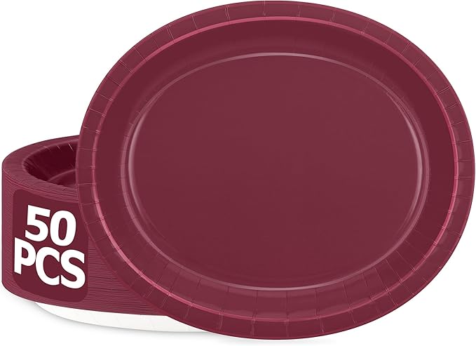 QZYL 50 Count Large Paper Plates, 12.2'' X 10.2'' Oval Wine Red Disposable Paper Plates Daily Dinner Plates Heavy Duty Paper Plates Party Decorations for Birthday Wedding Formal Dinner Holiday